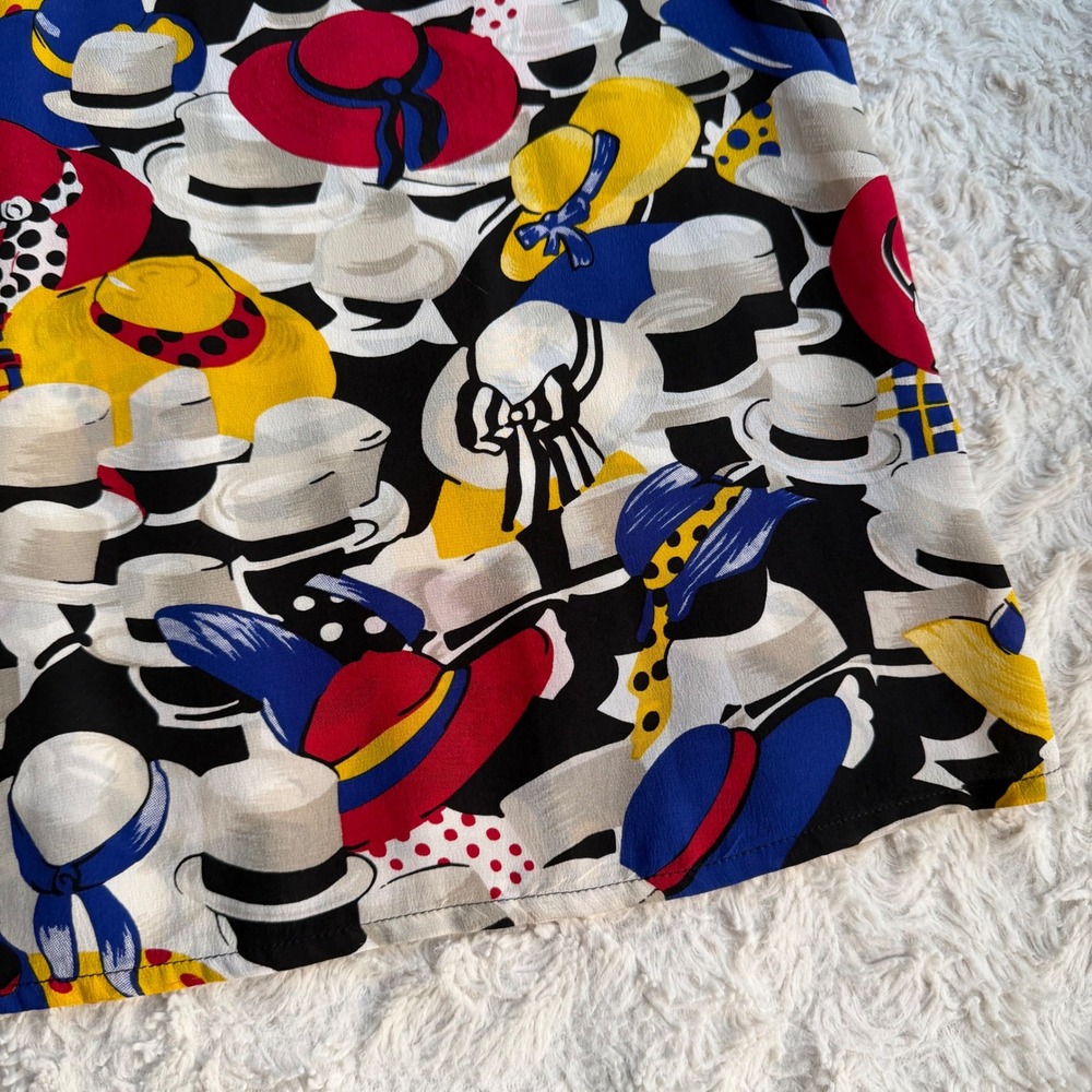 Vintage 100% silk hat print blouse Allison Taylor 80s 90s derby short sleeve S - Picture 8 of 14